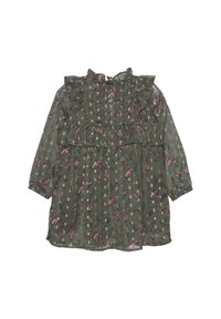 Grön blommig klänning med långa, puffärmar, volangkrage och lagerdesign. Har rosa och vita blommönster på ett texturerat tyg.