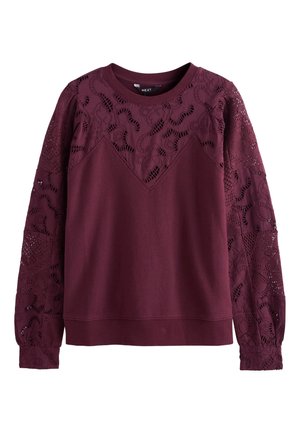 Dámské dlouhé rukávy vínového topu s krajkovými detaily na rukávech a horním hrudníku, kulatým výstřihem a žebrovaným lemem.
