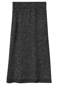 Schwarzer Strickrock mit einem breiten elastischen Bund und einem strukturierten, midilangen Schnitt. Das Material wirkt weich und dehnbar mit einem gesprenkelten Muster.