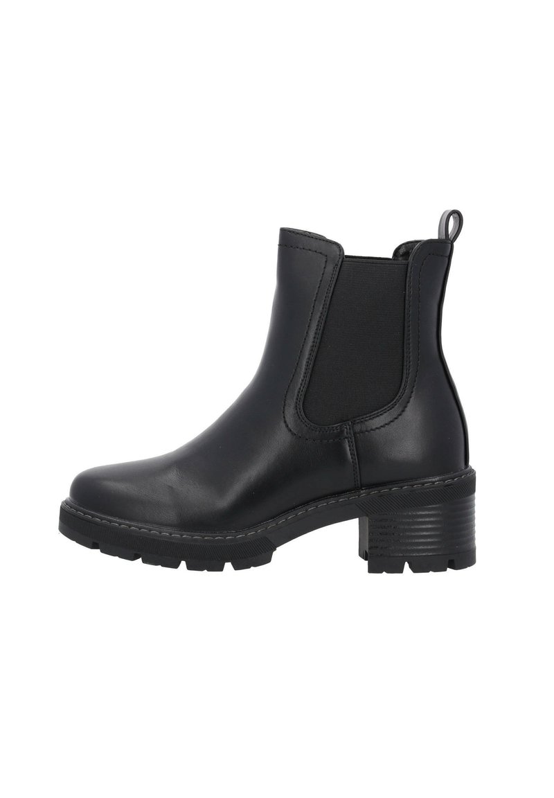 Bottine en cuir noir avec des côtés élastiques, bout arrondi, talon bloc texturé et une languette à l'arrière ; semelle en caoutchouc durable.