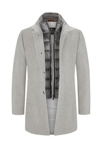 Grau melierter Wollmantel mit einem Doppel-Layer-Design; verfügt über ein gestepptes schwarzes Innenfutter, einen Reißverschluss und Seitentaschen.