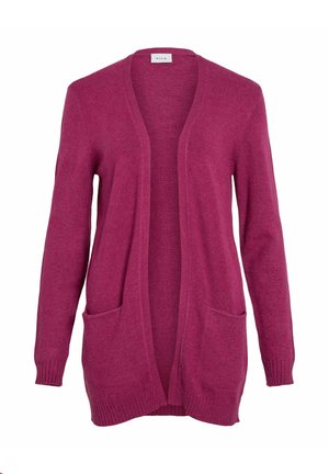 Fuchsia-farbener Cardigan aus Stoff mit offener Vorderseite, langen Ärmeln und gerippten Bündchen. Verfügt über zwei Fronttaschen. Weicher Stoff, schlichtes Design.