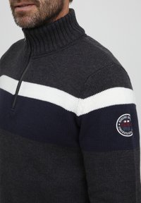 Felpa zip-up grigio scuro con colletto a coste, caratterizzata da strisce orizzontali bianche e blu navy, lavorazione a maglia testurizzata e un'etichetta rotonda sul manica.