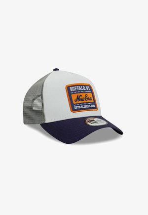 White and navy cap with a mesh back, featuring an orange and blue patch that reads "Buffalo, NY" and "New Era Established 1920."