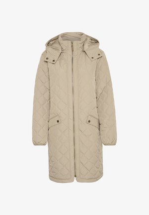 Cappotto lungo trapuntato beige con chiusura a zip, cappuccio e tasche laterali. Polsini elasticizzati e motivo a diamante prominente aggiungono texture.