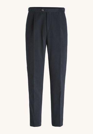 Marineblauwe broek met een rechte pasvorm, voorzien van plooien, een enkele knoopsluiting en een zachte structuur. Gemaakt van lichtgewicht stof.