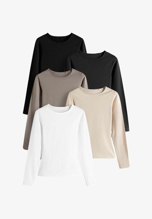 Five long-sleeve t-shirts in black, dark gray, tan, beige, and white, featuring crew necks and a smooth texture.