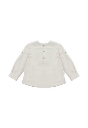 Camiseta beige de manga larga para niños pequeños con cuello redondo, tres botones delanteros y pestañas con botones en las mangas para remangar.