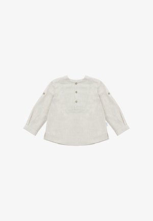 Camiseta beige de manga larga para niños pequeños con cuello redondo, tres botones delanteros y pestañas con botones en las mangas para remangar.