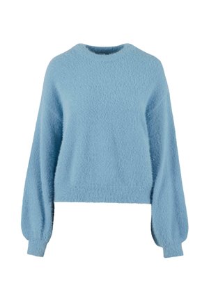 Pulover albastru deschis realizat dintr-un material pufoș, având un guler rotund, mâneci lungi tip balon și un tiv scurt cu detalii ribbate.