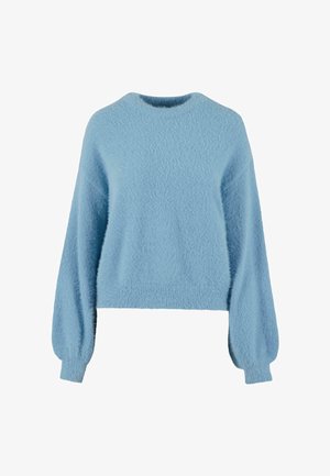 Niebieski sweter z miękkiego materiału, z okrągłym dekoltem, długimi balonowymi rękawami i skróconym dołem z ribbowymi detalami.