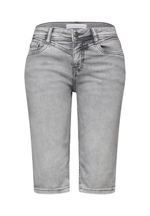 Světlé šedé džínové šortky ke kolenům s předním knoflíkem, zipem, poutky na opasek a předními a zadními kapsami.