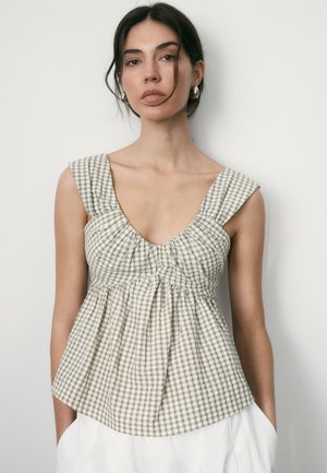 BHOEM, REGULAR FIT - GREEN/ECRU GINGHAM SEERSUCKER DRAPED PEPLUM TOP . - Blouse - green ecru