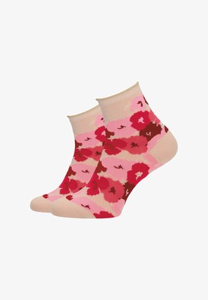 Knöchellange Socken mit einem beigen Grundton und pinken, roten sowie kastanienbraunen Blumenmustern, die den Stoff bedecken.