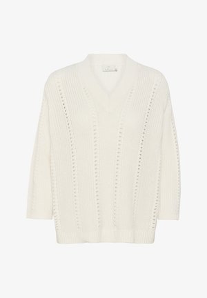Vitt stickat tröja med V-ringning, med vertikala ränder och öppna stickmönster, trekvartsärmar och ribbad nederdel.