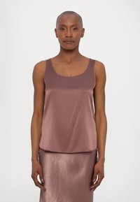 Dark mauve satin tank top with a round neckline and narrow straps, paired with a matching shiny midi skirt. Smooth texture, minimal design.