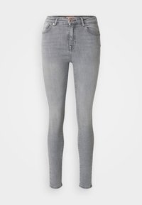 Grå denim skinny jeans med en slät textur, hög midja, femfickorsdesign och metallknappstängning fram.
