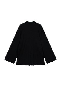 Zwarte ribgebreide top met brede mouwen en een ronde halslijn, gekenmerkt door een gestructureerde stof en een losse, comfortabele pasvorm.