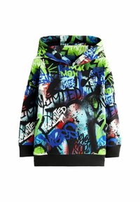 Sweat à capuche mettant en avant un imprimé graffiti multicolore en bleu, vert et noir, fabriqué en matériau en molleton texturé avec des poignets côtelés.
