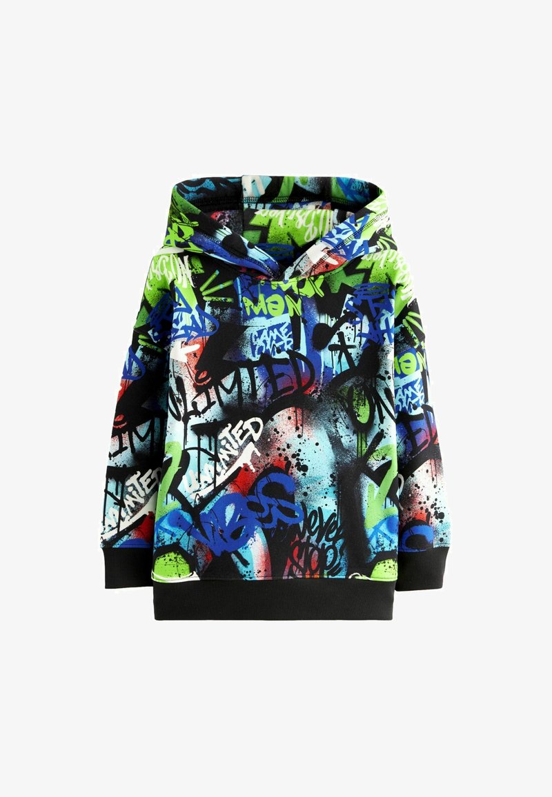 Wciągana bluza z kapturem z wielokolorowym nadrukiem graffiti w odcieniach niebieskiego, zielonego i czarnego, wykonana z teksturowanego materiału polarowego oraz zakończona ściągaczami.