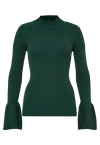 Pull côtelé à manches longues de couleur vert foncé avec un col montant et des poignets évasés, présentant une coupe ajustée et un tissu texturé.