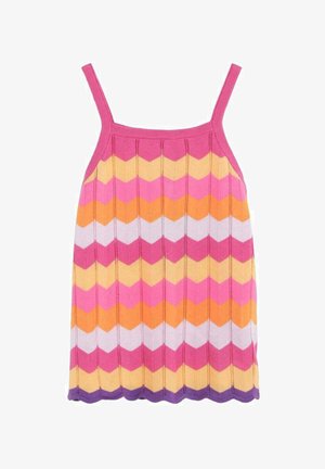 Robe tricotée sans manches avec fines bretelles présentant des rayures horizontales en zigzag de couleurs rose, orange, jaune, blanc et violet.