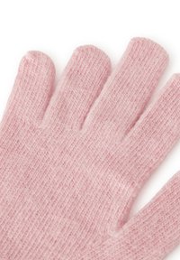 Guanti rosa lavorati a maglia realizzati in materiale testurizzato, con scomparti per ogni dito e una finitura morbida.