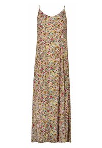 Kwiatowa sukienka maxi z lekkiego materiału, zdobiona wielokolorowymi kwiatami na jasnym żółtym tle oraz cienkimi regulowanymi ramiączkami.