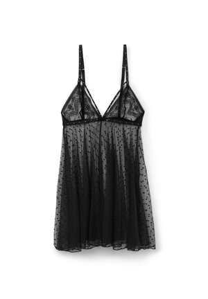 Zwart doorschijnend kanten babydoll-lingerie met polka dots, verstelbare bandjes en driehoekige cups met bloemenpatronen.