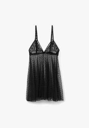 Zwart doorschijnend kanten babydoll-lingerie met polka dots, verstelbare bandjes en driehoekige cups met bloemenpatronen.