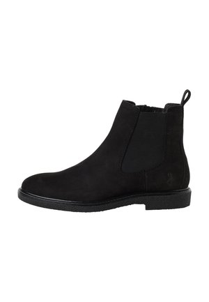 Schwarzer Wildleder-Chelsea-Boot mit elastischen Seitenteilen, Zuglasche hinten und profilierter Gummisohle.