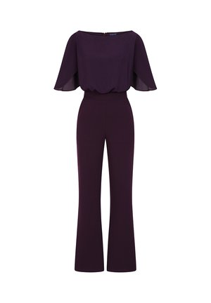 Lilla jumpsuit med bred udskæring, korte flæsermer og tætsiddende liv. Udvidede bukser strækker sig fra taljen og skaber en strømlinet silhuet.