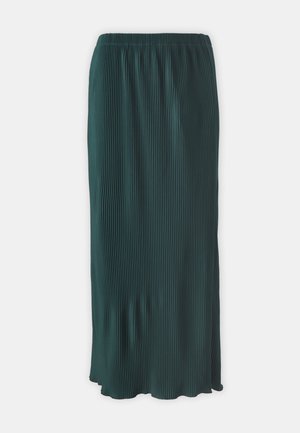 Pleated long skirt in dark green, featuring an elastic waistband and a flowing silhouette. Made from lightweight fabric with a smooth texture.