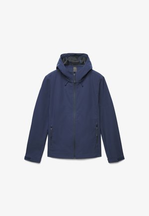 Leichte Jacke in Marineblau mit Kapuze, zwei Reißverschlusstaschen und verstellbaren Kordeln. Glatte Textur und figurbetontes Design.