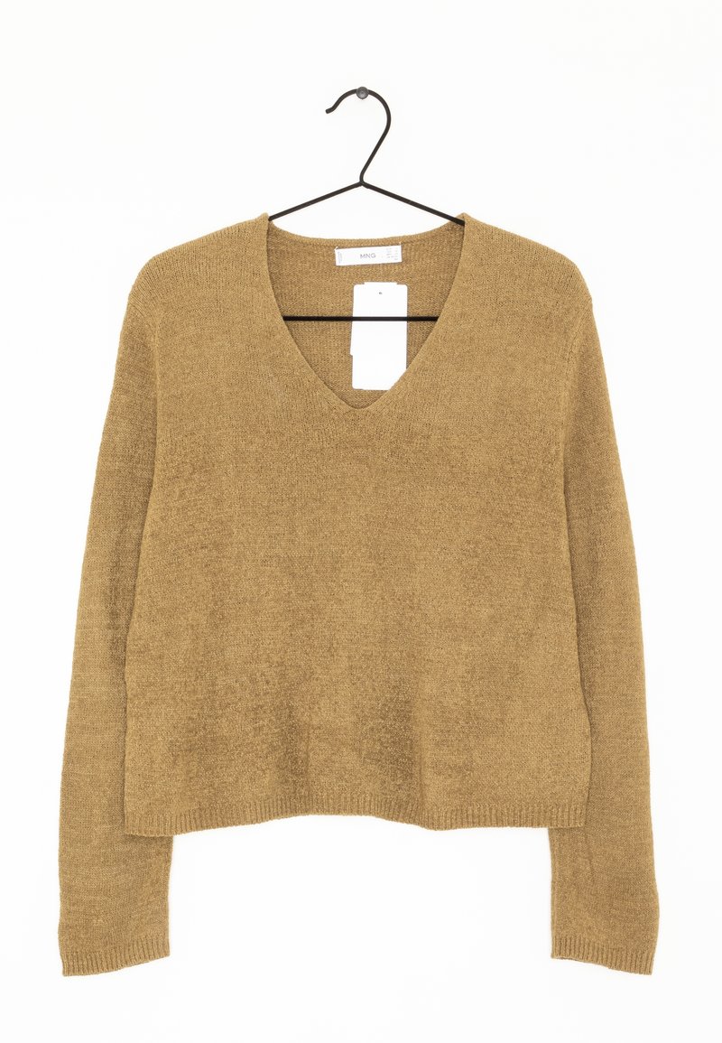 Brązowy sweter z dekoltem w serek, z długim rękawem, wykonany z fakturowanej dzianiny, z krojem w stylu cropped i widoczną metką przy dekolcie.