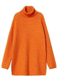 Pomarańczowy sweter dzianinowy z wysokim golfem, ribbowaną teksturą, długimi rękawami i luźnym krojem. Bez wzorów ani akcentów.