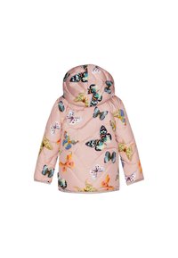 Polstret rosa frakk med hette, med fargerike sommerfugltrykk. Kviltet design og elastiske mansjetter øker varme og passform.