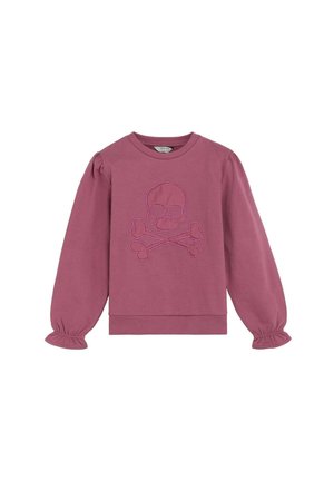 Sudadera púrpura de manga larga con cuello redondo, puños fruncidos y un diseño en relieve de calavera y huesos cruzados en el frente.