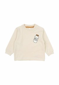 Cremfarbendes langärmliges Hemd aus Baumwolle, das auf der Vorderseite mit einem Grafikdesign einer Milchflasche und Druckknöpfen an der Schulter versehen ist.
