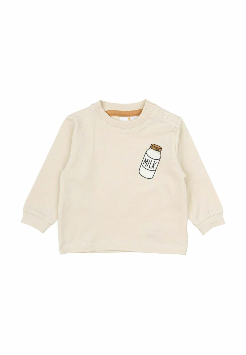 Cremfarbendes langärmliges Hemd aus Baumwolle, das auf der Vorderseite mit einem Grafikdesign einer Milchflasche und Druckknöpfen an der Schulter versehen ist.