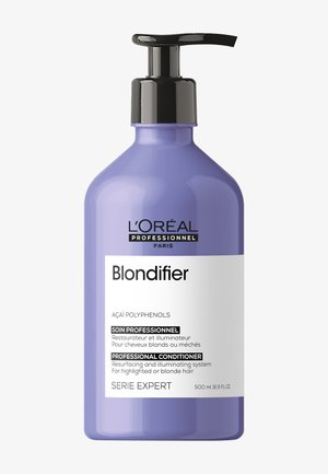 L'Oréal Professionnel Blondifier lilla flaske med svart pumpe, merket profesjonell balsam for stripet eller blondt hår, 500 ml.