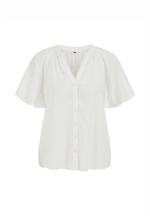 Witte blouse met korte mouwen, V-hals, knoopsluiting aan de voorkant en een losse pasvorm.