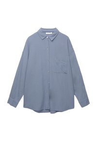 Chemise bleu clair boutonnée avec col, manches longues et une poche avant unique. Fabriquée en tissu doux avec une coupe décontractée.