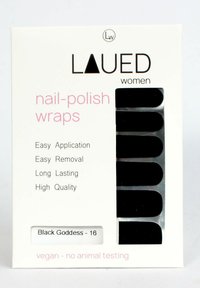 Nagellak wraps in massief zwart, verpakt in een witte doos met roze tekst. Kenmerken zijn onder andere eenvoudige applicatie, verwijdering en hoge kwaliteit.