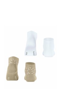 Set van vier enkelsokken: twee witte, twee beigem kleuren met een stippenpatroon in lichtroze. Katoenmengsel, kort ontwerp, naadloze bovenrand.