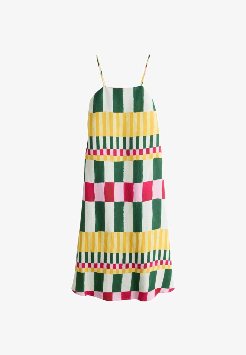 Robe sans manches avec de fines bretelles, présentant des rayures verticales et horizontales audacieuses dans un motif à damier vert, jaune, rouge, rose et blanc.