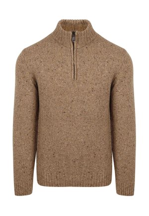 Brauner Strickpullover mit hohem Kragen und halb-langer Reißverschluss. Das Material hat eine strukturierte Oberfläche mit verstreuten dunkleren Farbflecken.
