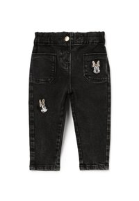 Zwarte denim jeans met een elastische tailleband, voorzien van twee achterzakken en geborduurde Minnie Mouse ontwerpen aan de voorkant.