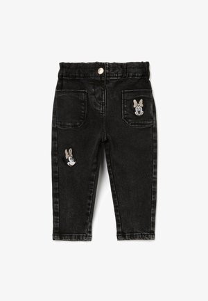 Zwarte denim jeans met een elastische tailleband, voorzien van twee achterzakken en geborduurde Minnie Mouse ontwerpen aan de voorkant.