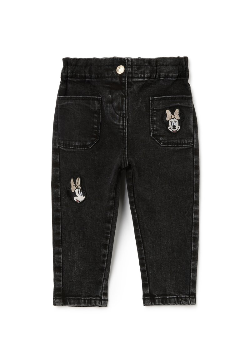 Zwarte denim jeans met een elastische tailleband, voorzien van twee achterzakken en geborduurde Minnie Mouse ontwerpen aan de voorkant.